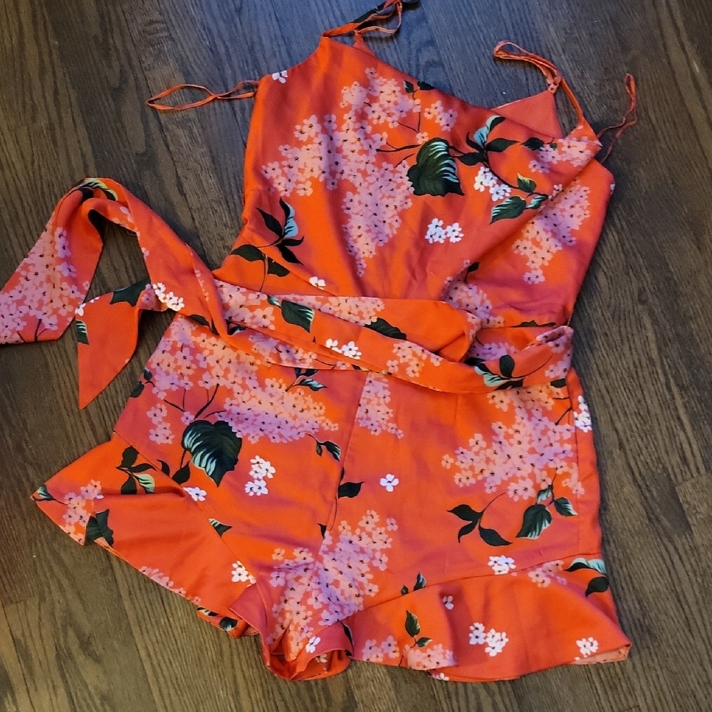 Floral Orange Romper with Tie Straps